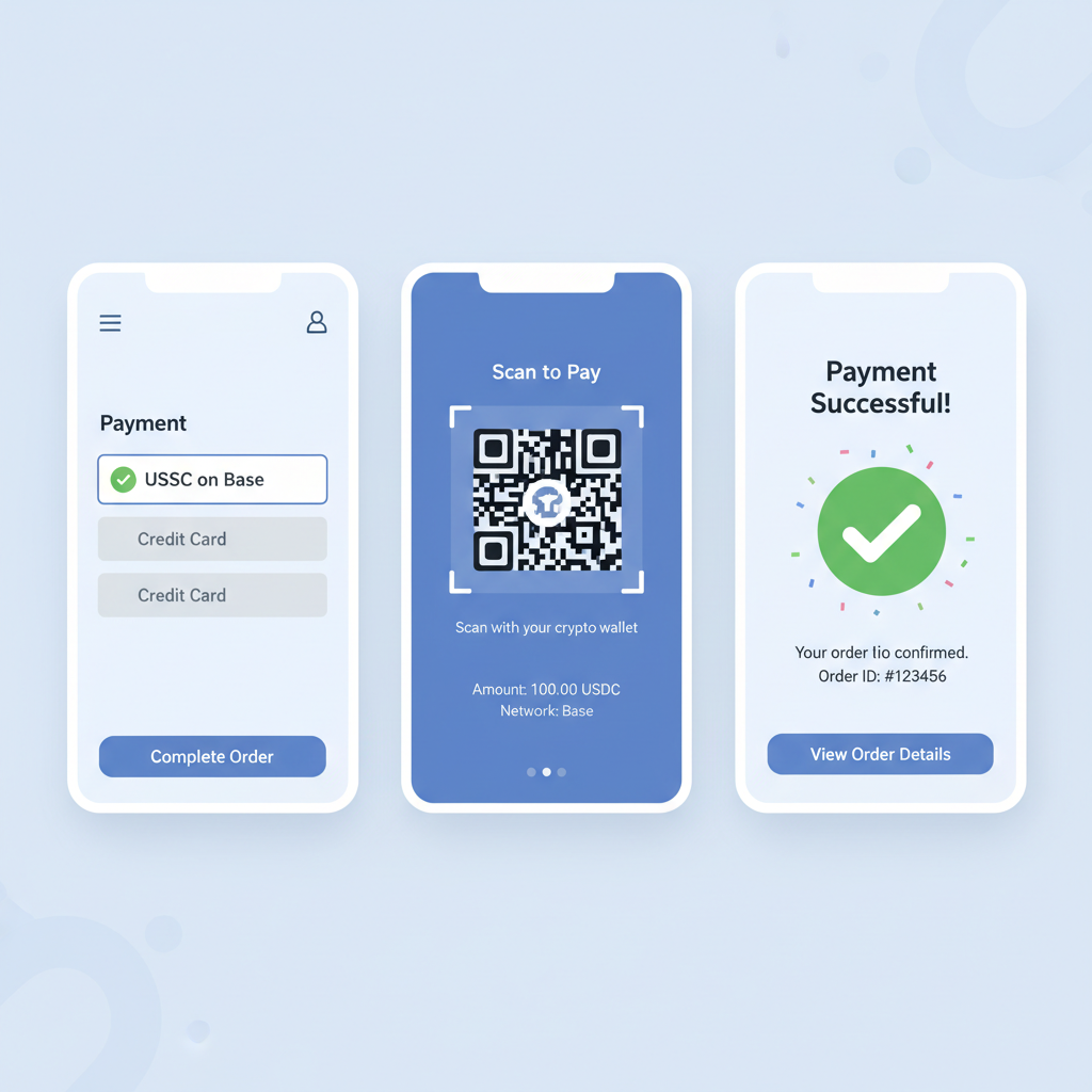 Shopify checkout screen with USDC on Base payment option selected, QR code scanner, success confirmation