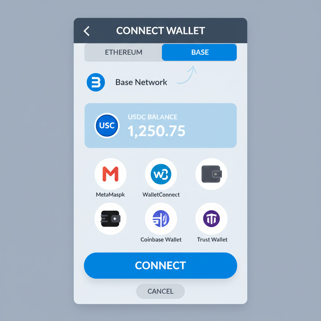 Wallet connection interface, Base network selected, USDC balance visible, mobile app style