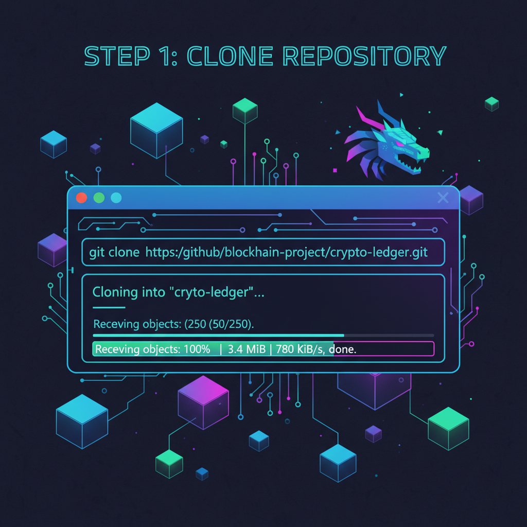 terminal window cloning git repo, neon cyberpunk blockchain theme