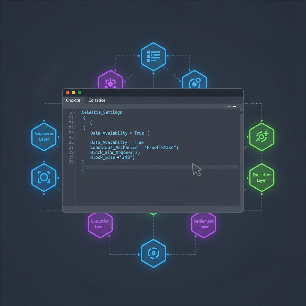 config file editing Celestia settings, glowing modular blockchain diagram