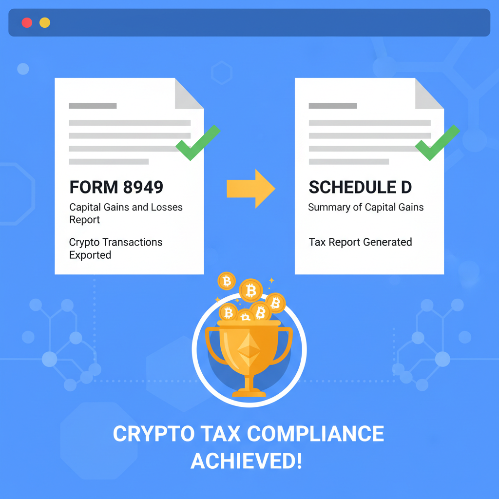 exporting crypto tax reports Form 8949 Schedule D, success checkmarks, professional documents, triumphant crypto theme