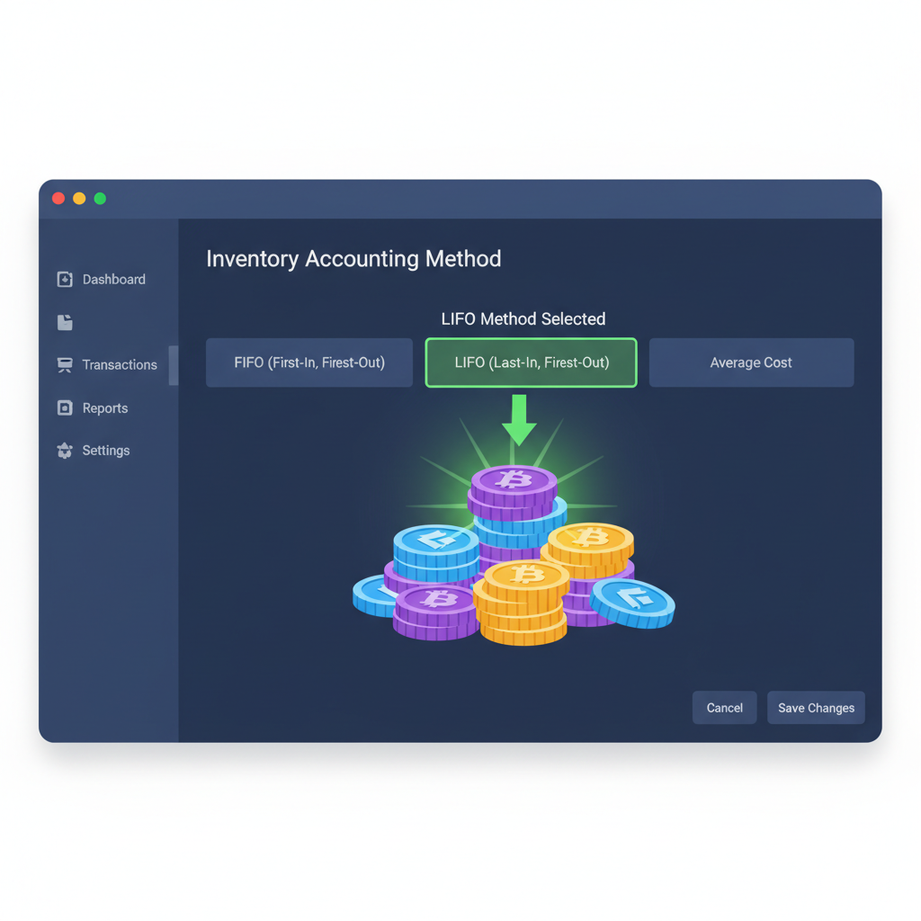 tax software settings screen selecting LIFO method, green highlight, crypto token stacks, energetic glow