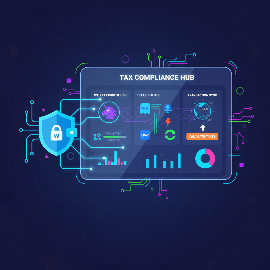 crypto wallet connecting to tax software dashboard, DeFi icons like Uniswap Aave, neon blockchain links, vibrant futuristic UI