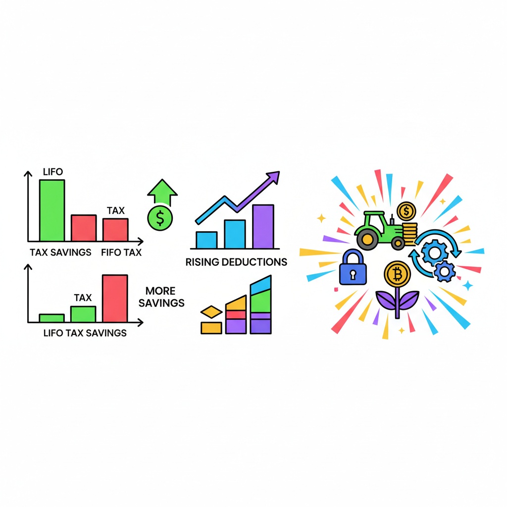 tax simulation graphs comparing LIFO FIFO tax savings, rising deduction charts, DeFi yield farm icons, explosive colors