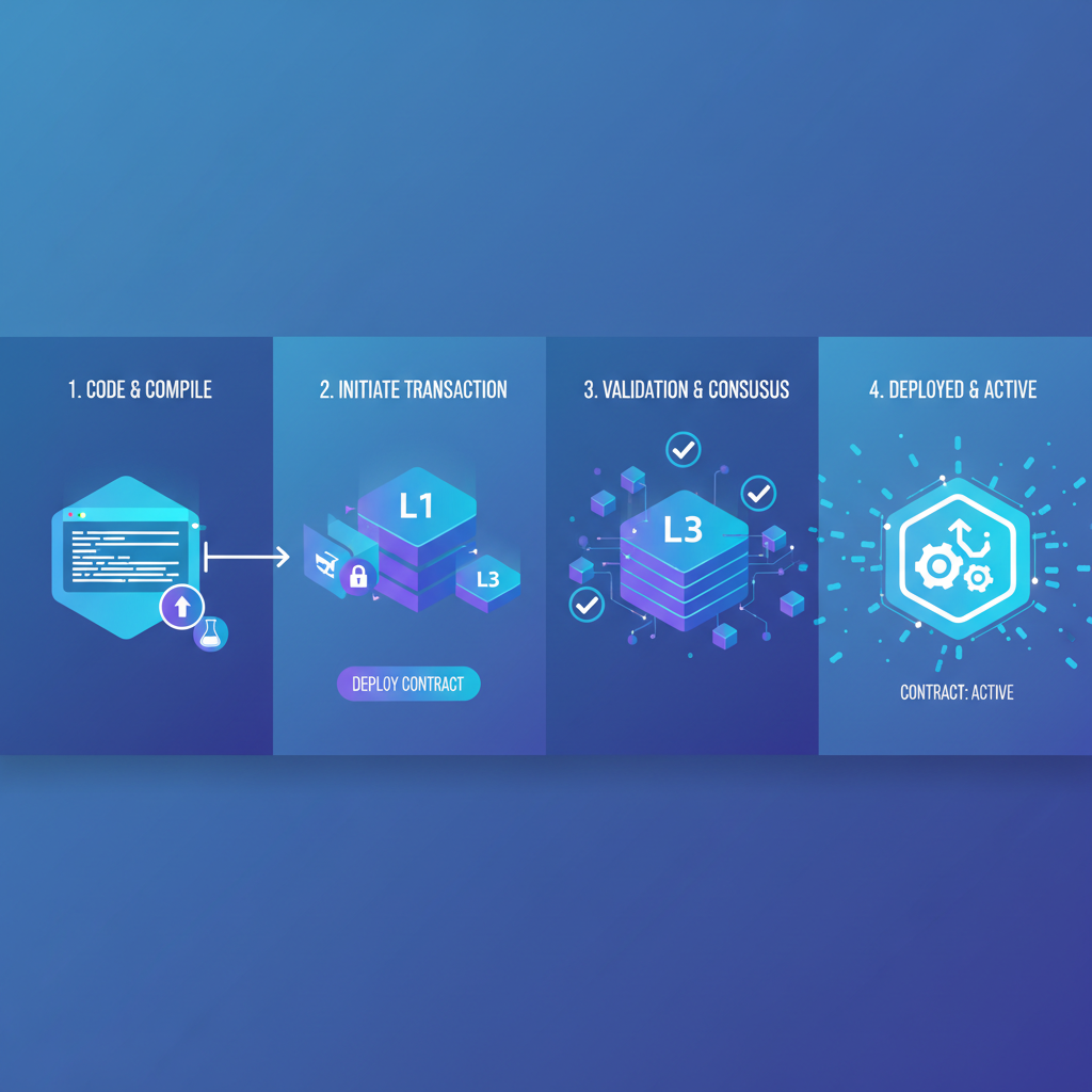 smart contract deployment animation on futuristic L3 blockchain