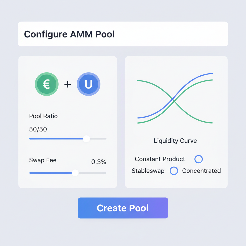 graphical interface configuring AMM pool parameters with token icons and curves