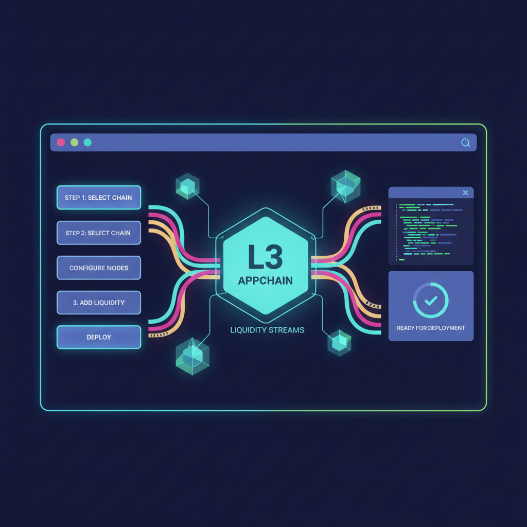 sleek dashboard setting up L3 appchain with glowing blockchain nodes and liquidity streams