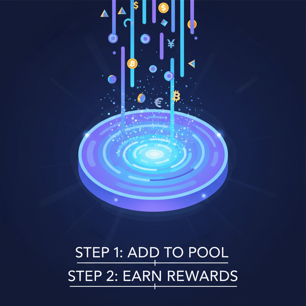 tokens pouring into glowing liquidity pool vortex