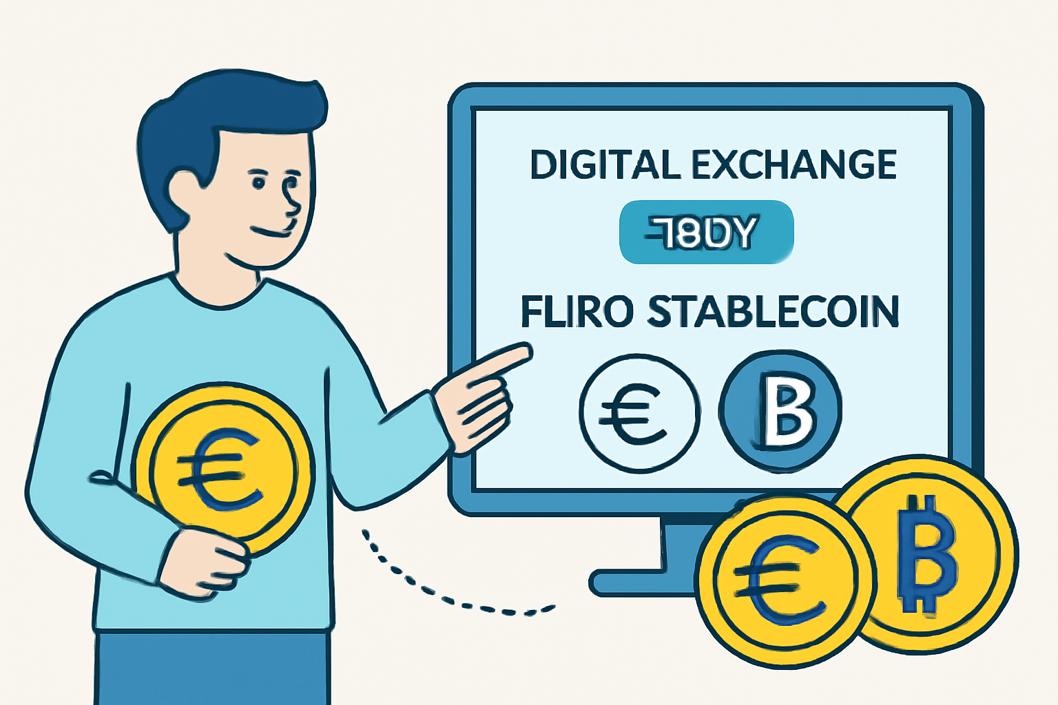 A user buying euro stablecoins on a digital exchange with euro and crypto symbols.