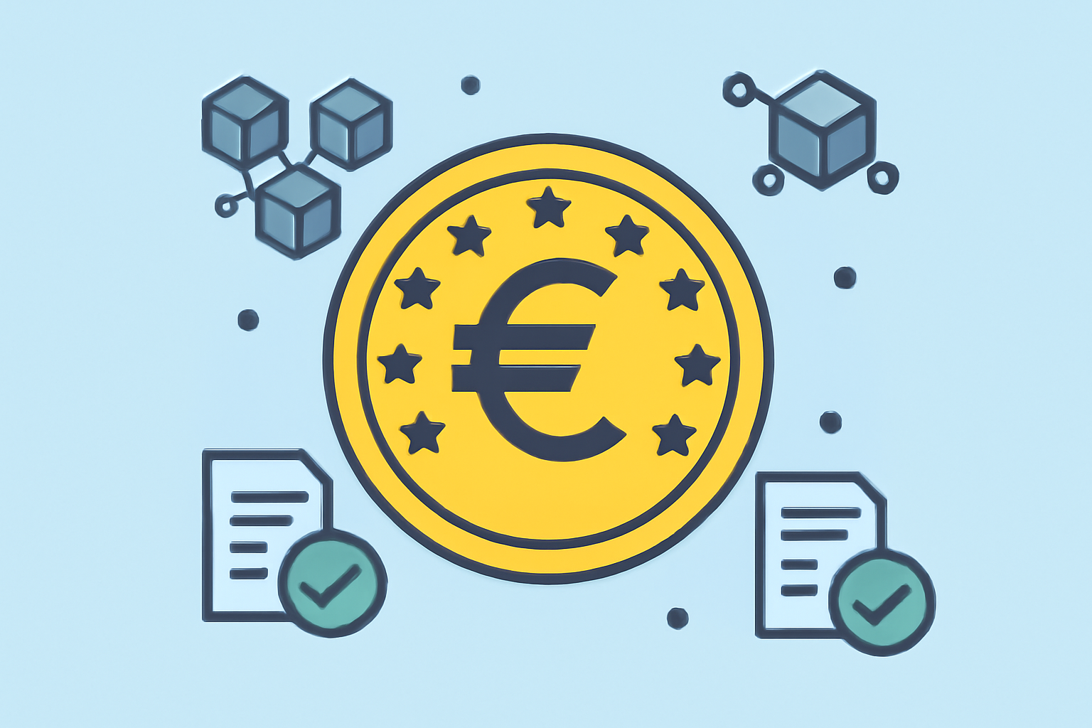 A digital euro coin with EU stars, surrounded by blockchain icons and regulatory checkmarks.