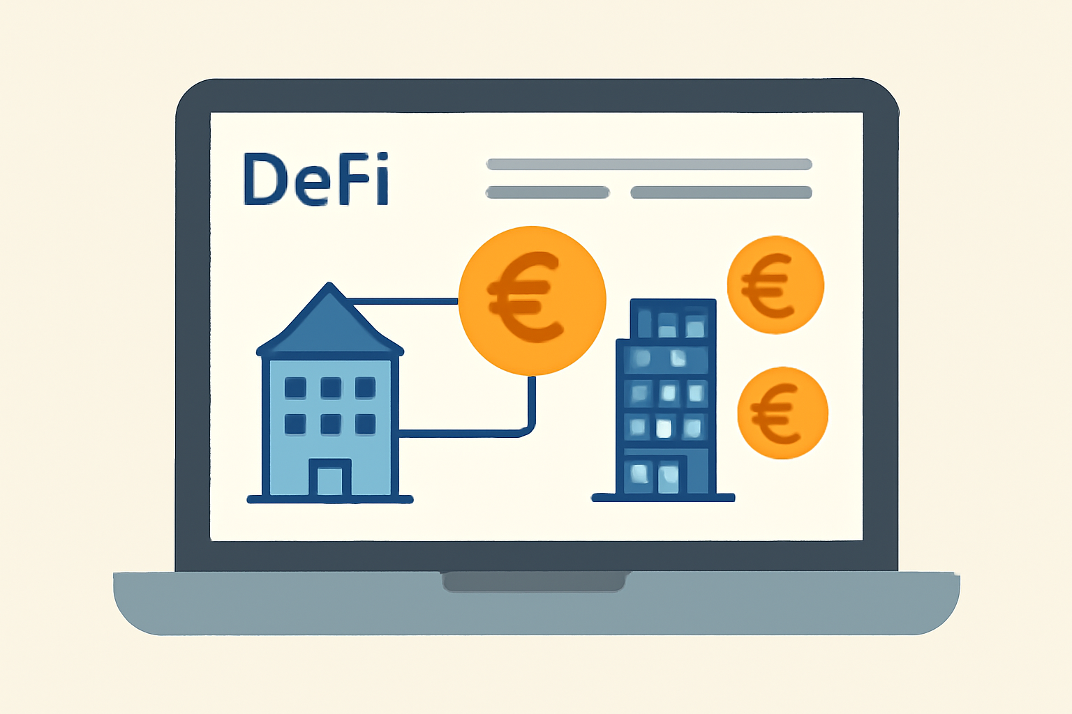 A laptop screen showing a DeFi platform interface with tokenized buildings and euro coins.