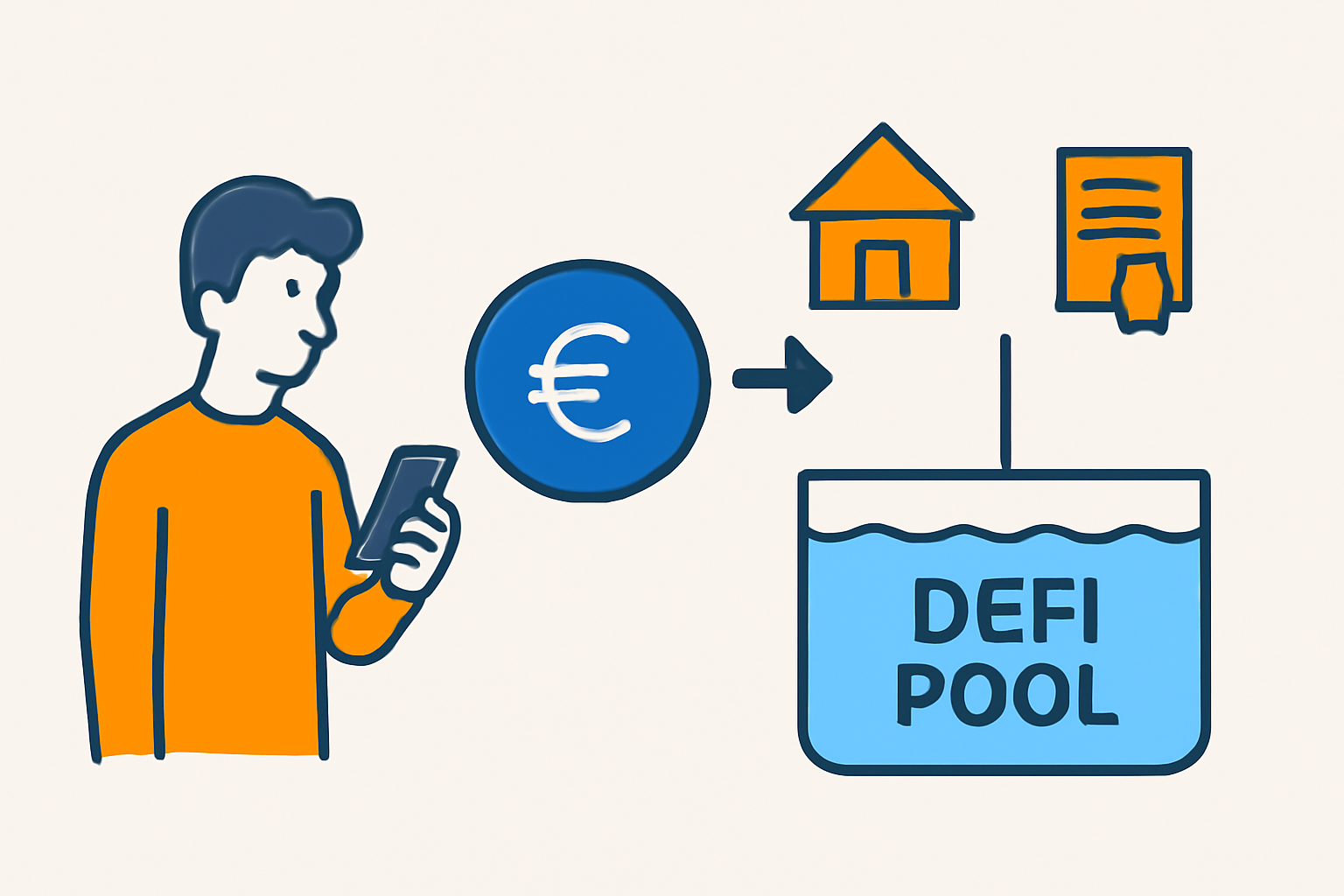 A user depositing euro stablecoins into a DeFi pool, with icons for real estate and bonds.