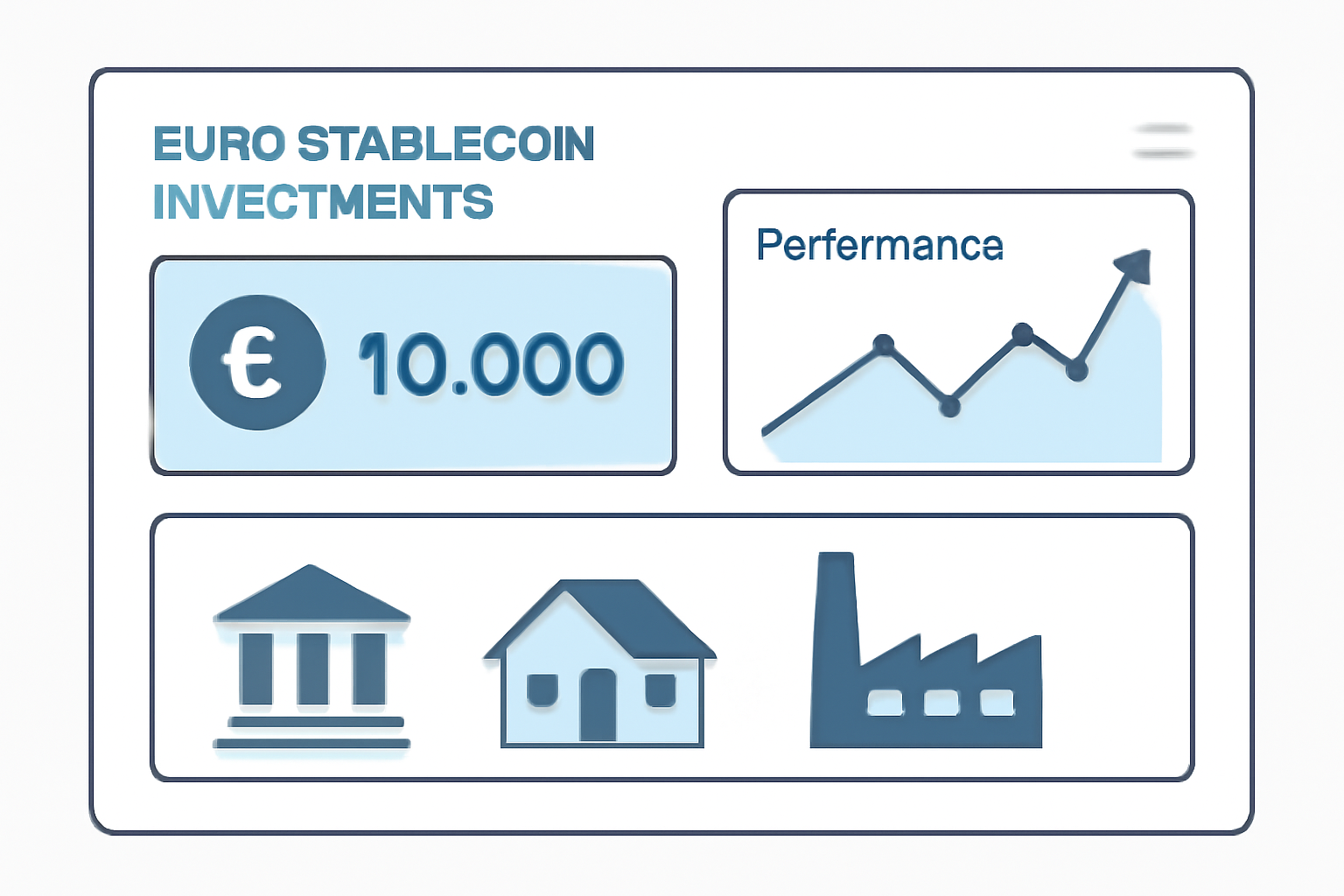 A dashboard showing euro stablecoin investments, performance charts, and real-world asset icons.