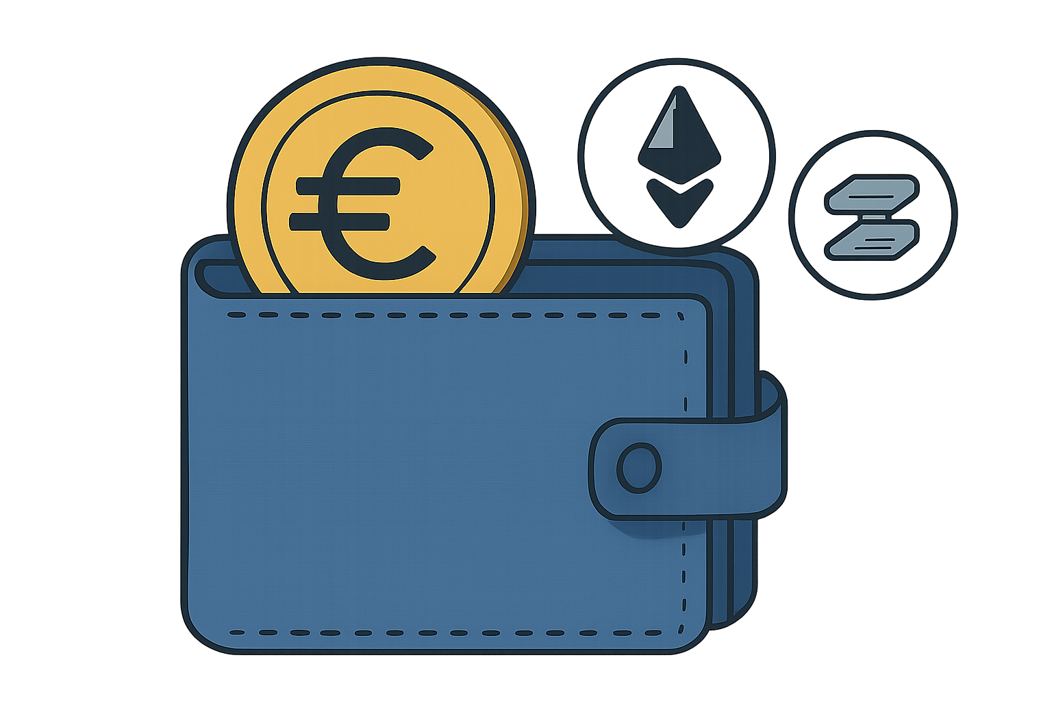 A secure digital wallet displaying euro stablecoins and blockchain logos like Ethereum and Solana.