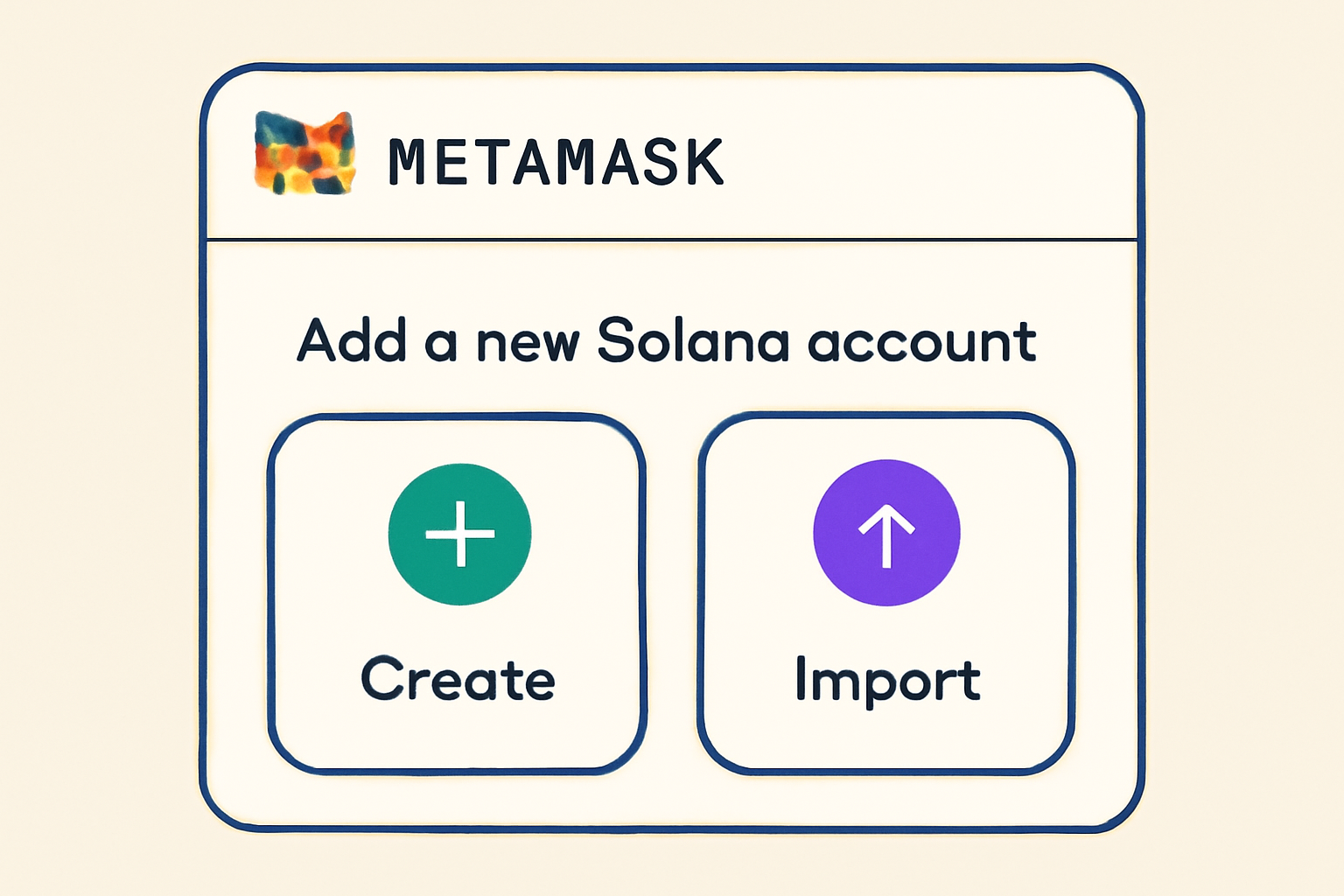 MetaMask interface showing the process of adding a new Solana account, with options for creating or importing an account