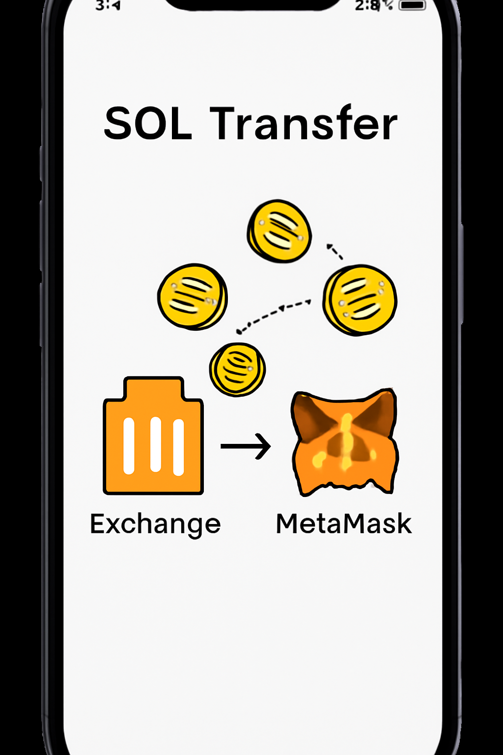 A phone screen displaying a SOL transfer from an exchange to MetaMask, with SOL coins in motion