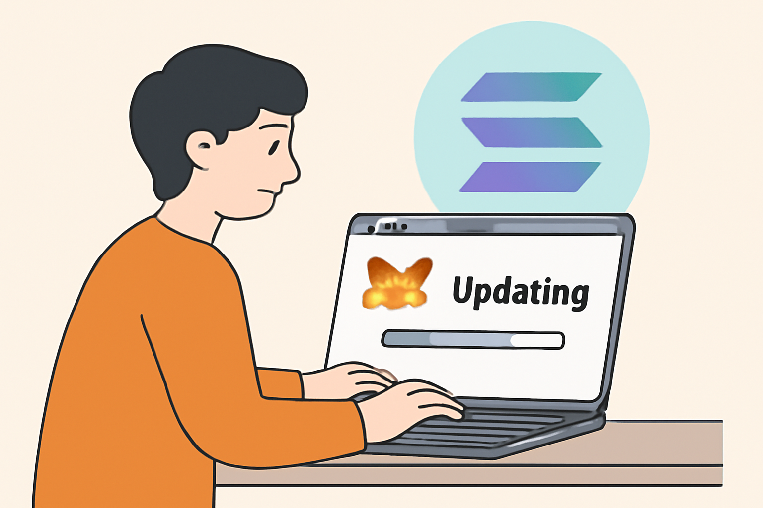 A person updating the MetaMask browser extension on a laptop, with a Solana logo in the background