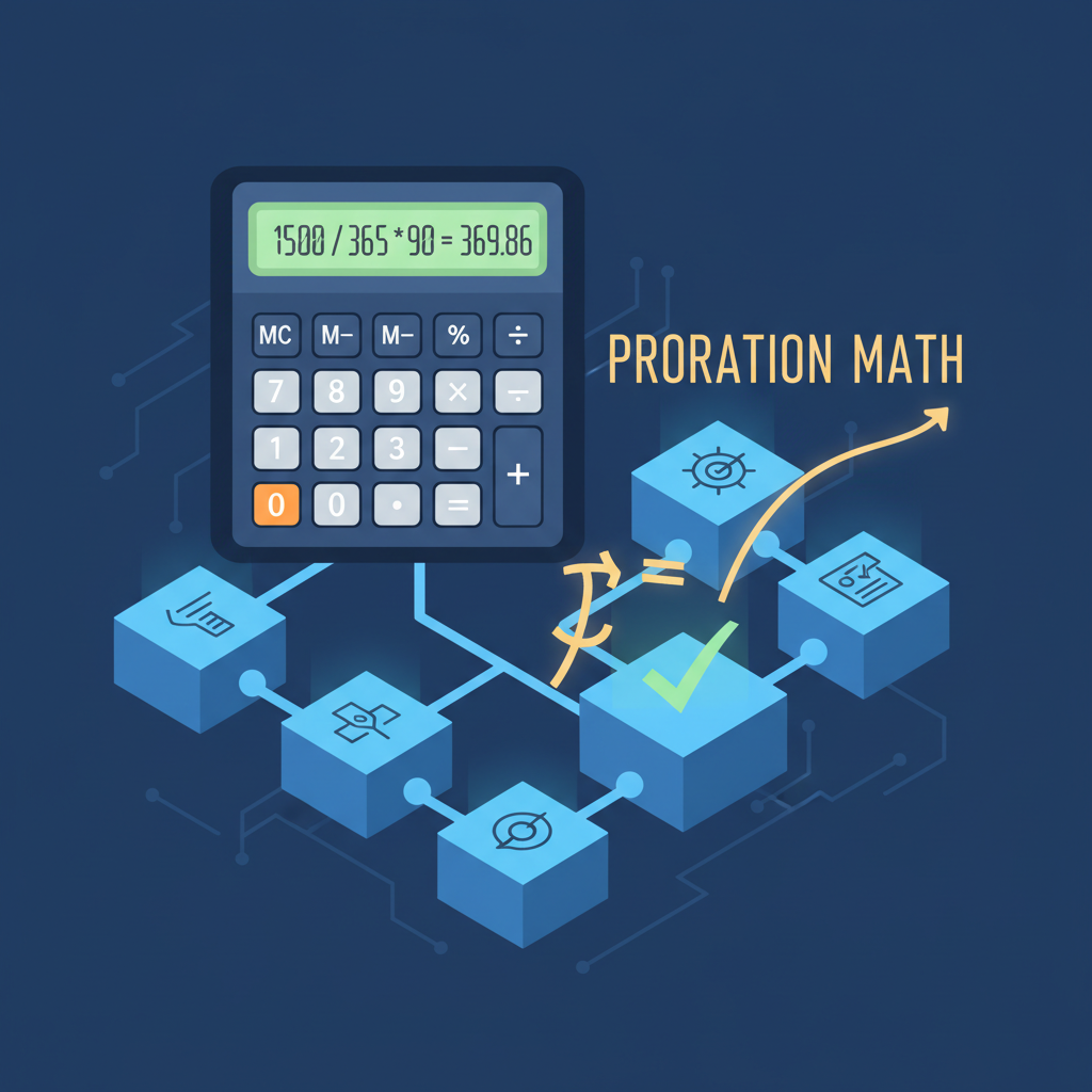 calculator computing proration math on glowing blockchain ledger