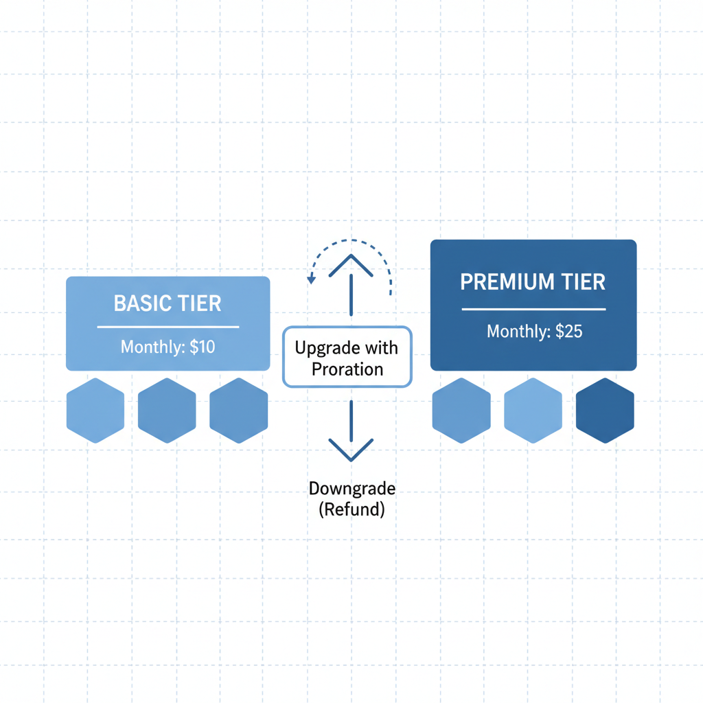 two pricing tiers upgrading with proration arrows blockchain graphic