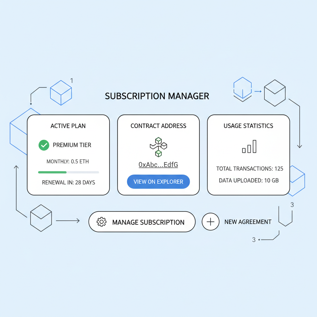 smart contract dashboard showing subscription details blockchain UI