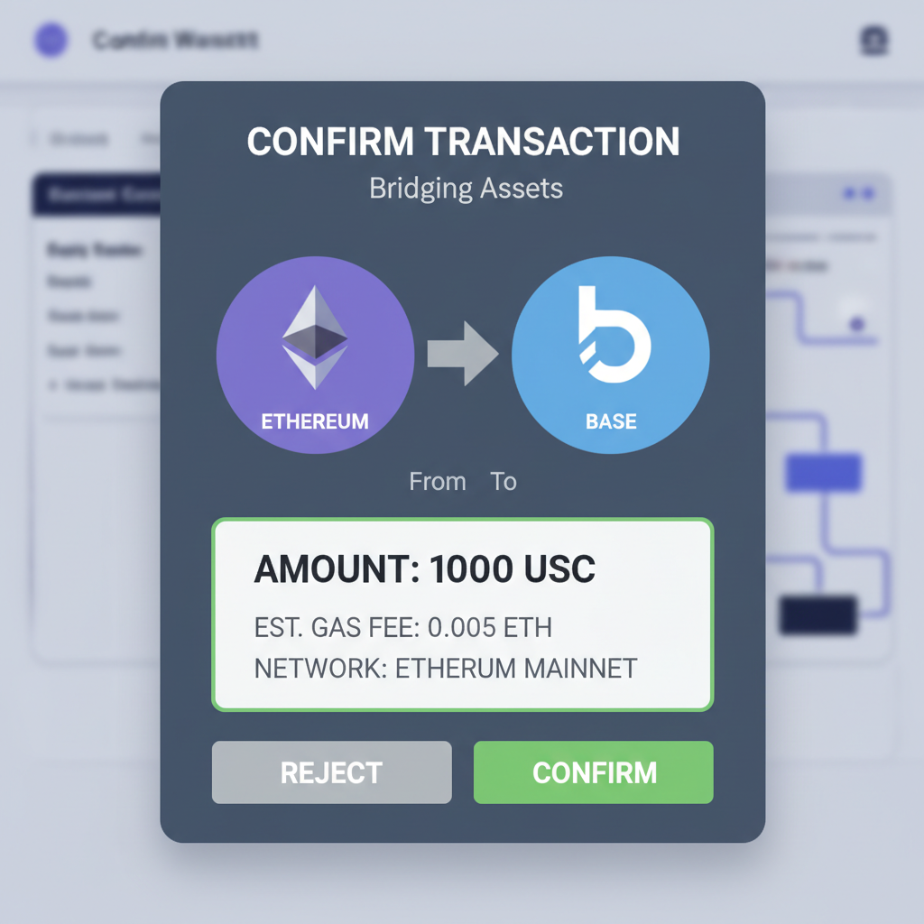 Wallet confirmation popup for bridging USDC from Ethereum to Base
