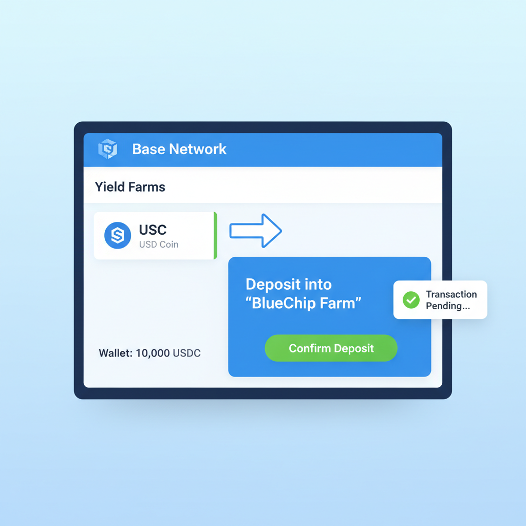 DeFi dashboard on Base showing USDC deposit into yield farm