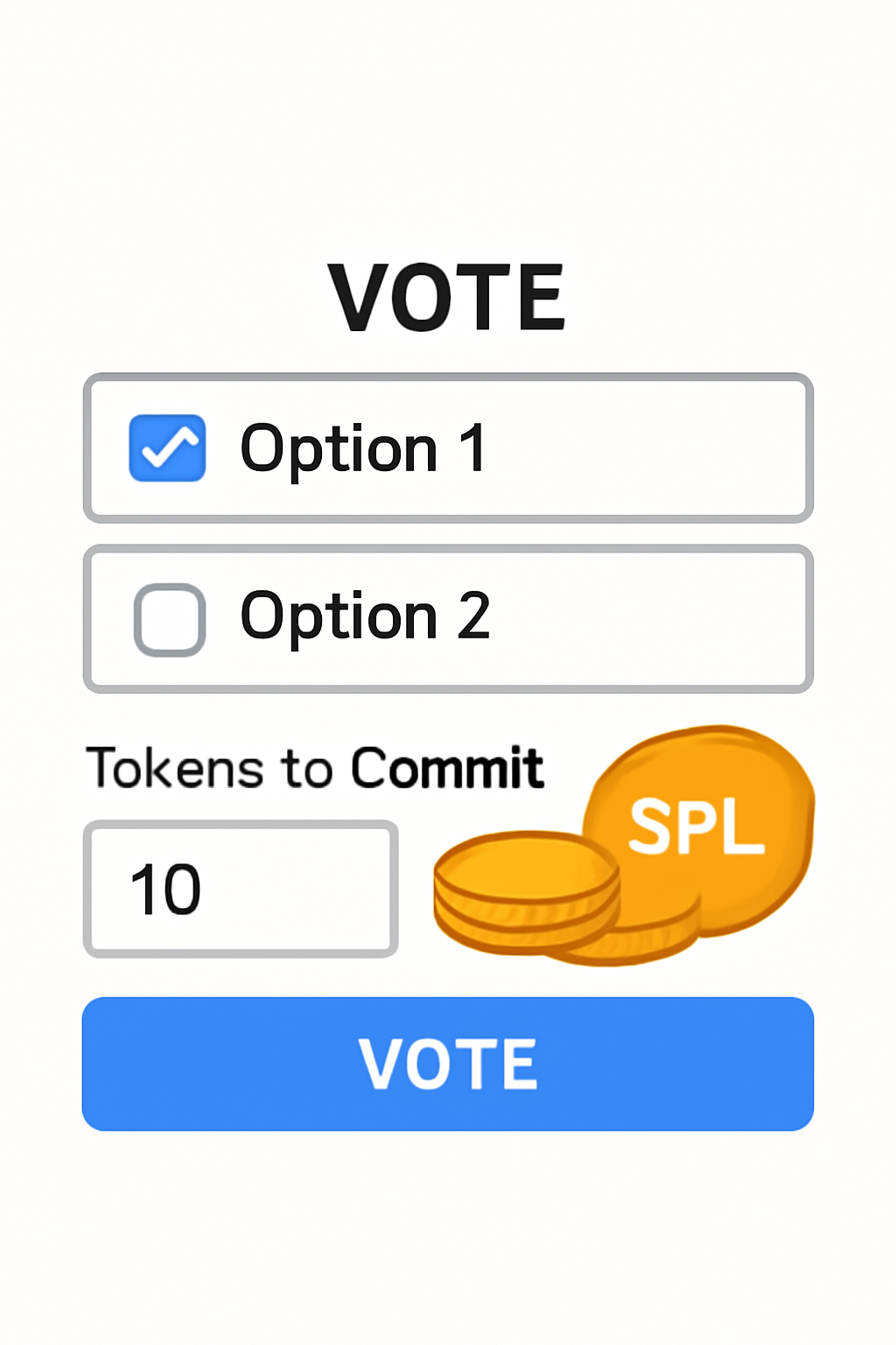 A voting interface where a user selects an option and enters the number of SPL tokens to commit, with tokens visually represented.