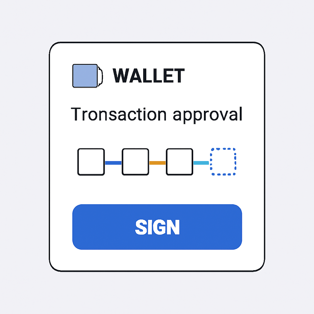 A wallet pop-up requesting transaction approval, with a 'Sign' button and blockchain confirmation animation.