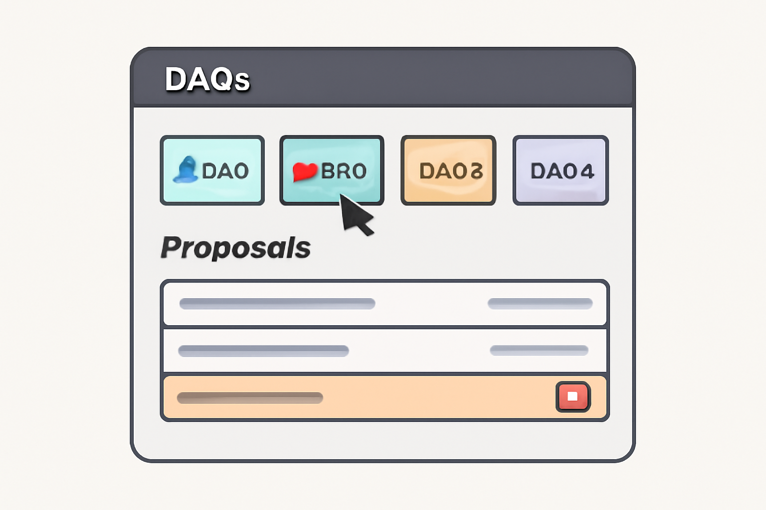 A dashboard showing multiple DAOs, with a user selecting one and viewing a list of proposals, highlighting a specific proposal for voting.