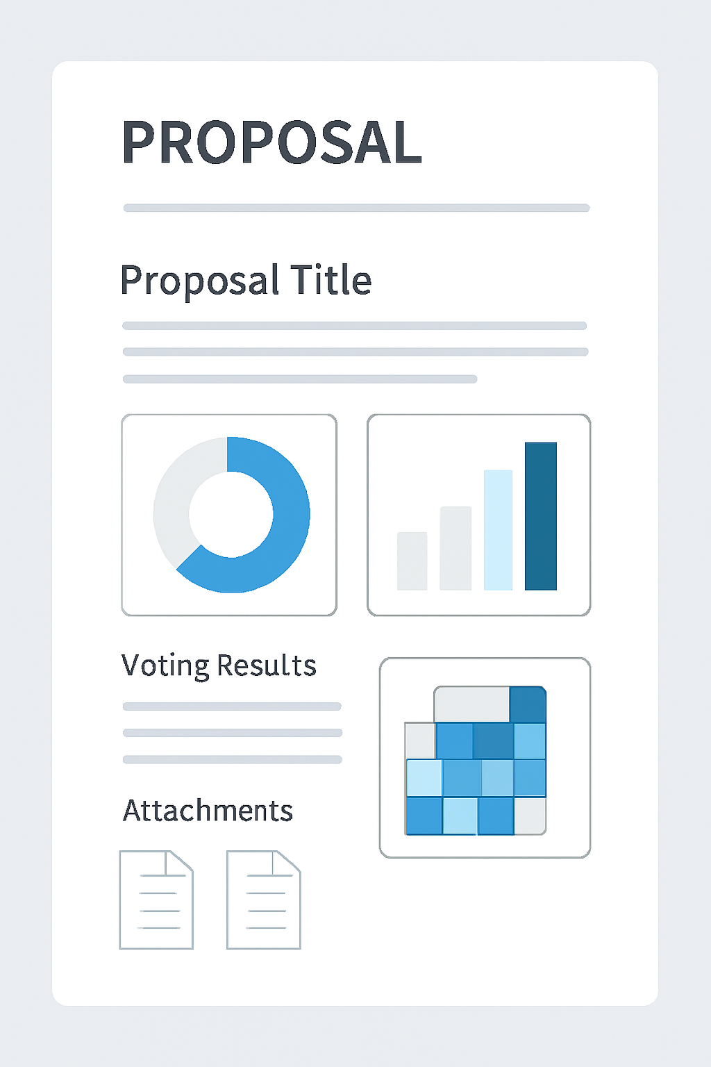 A proposal detail page with charts, voting heat maps, and attached documents, emphasizing clarity and transparency.