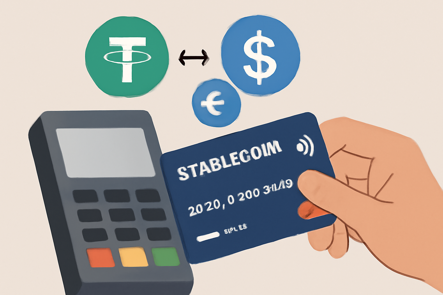 A hand holding a stablecoin debit card at a payment terminal, with digital icons showing USDT/USDC converting to fiat currency (e.g., dollar, euro) in real time.