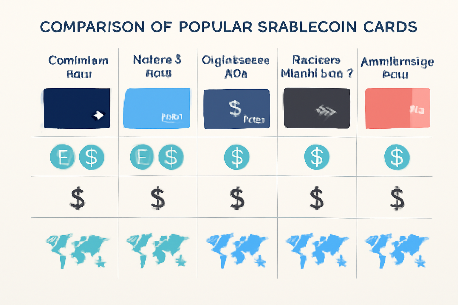 A comparison chart of popular stablecoin cards (Coinbase Card, Wirex Visa, Crypto.com Visa, Binance Virtual Card, AnonOfframp.com), showing icons for USDT and USDC, fee symbols, and global map highlights.