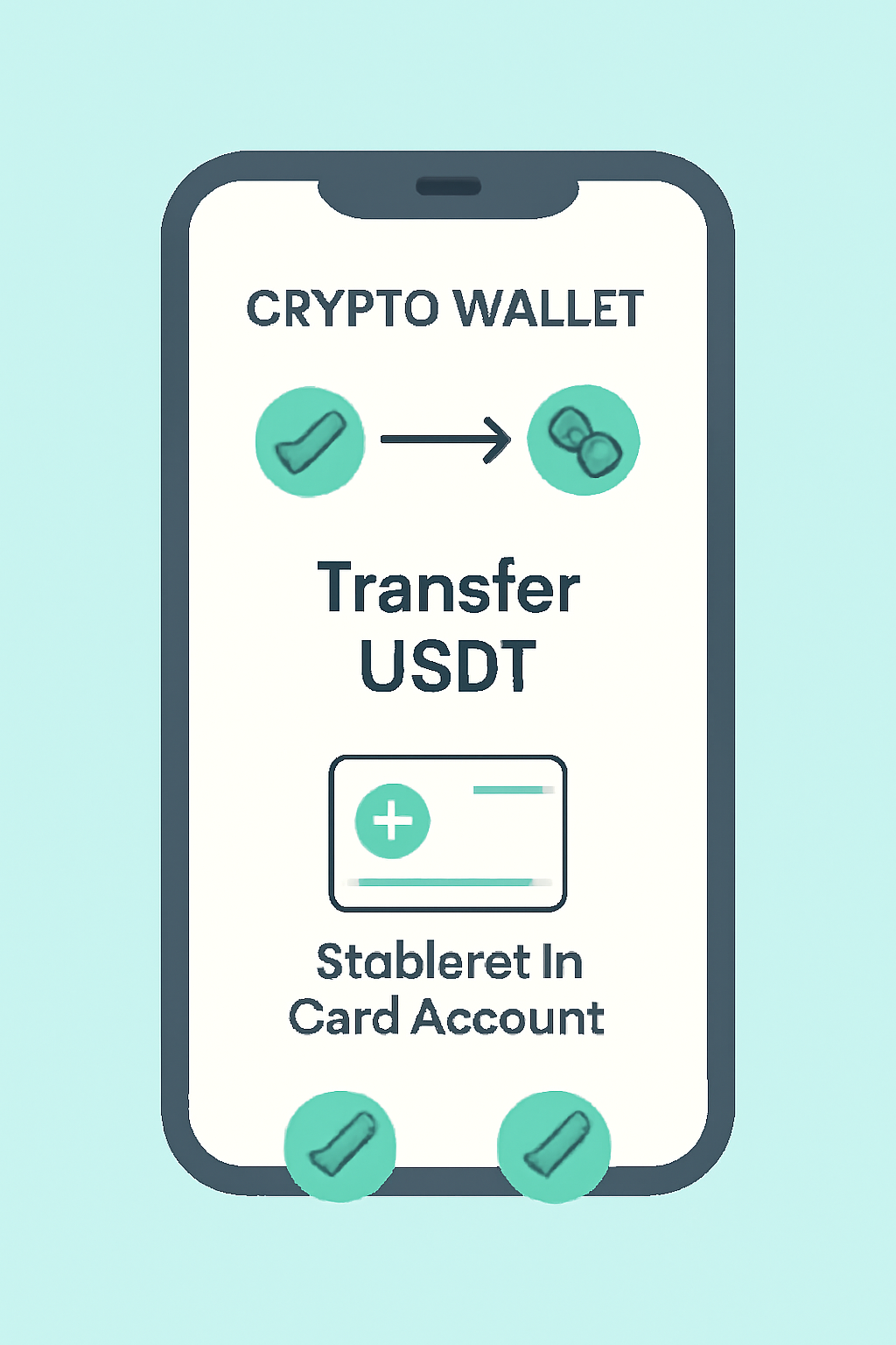 A smartphone screen showing a crypto wallet transferring USDT to a stablecoin card account, with blockchain network icons and confirmation checkmarks.