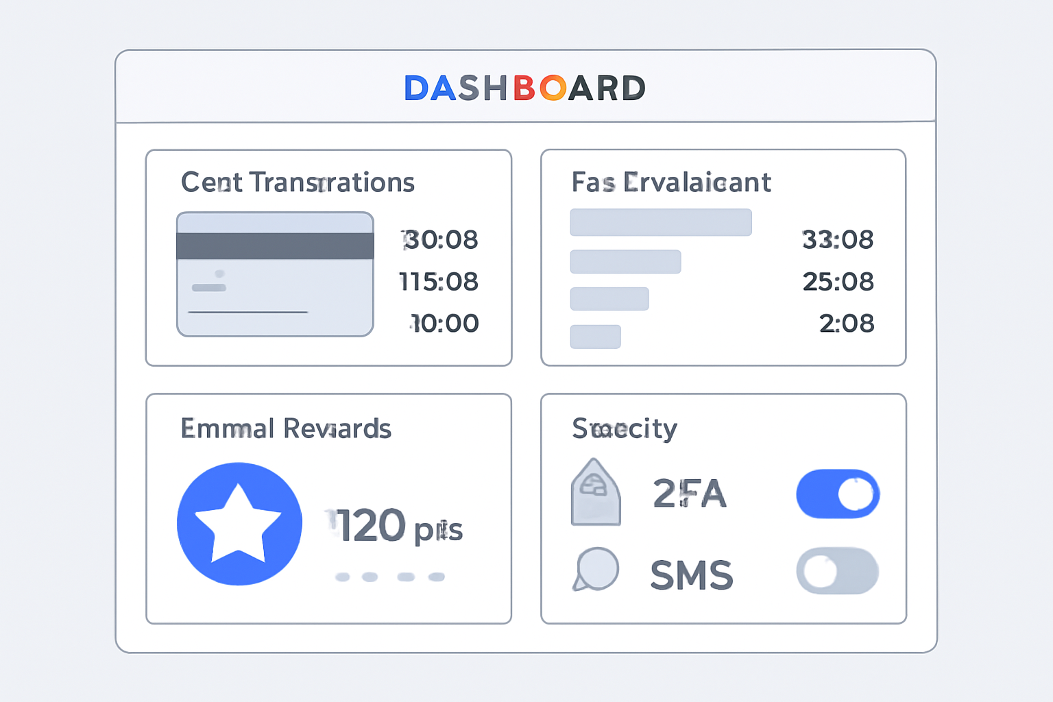 A dashboard screen showing card transactions, fee breakdown, earned rewards, and security settings like 2FA toggles.