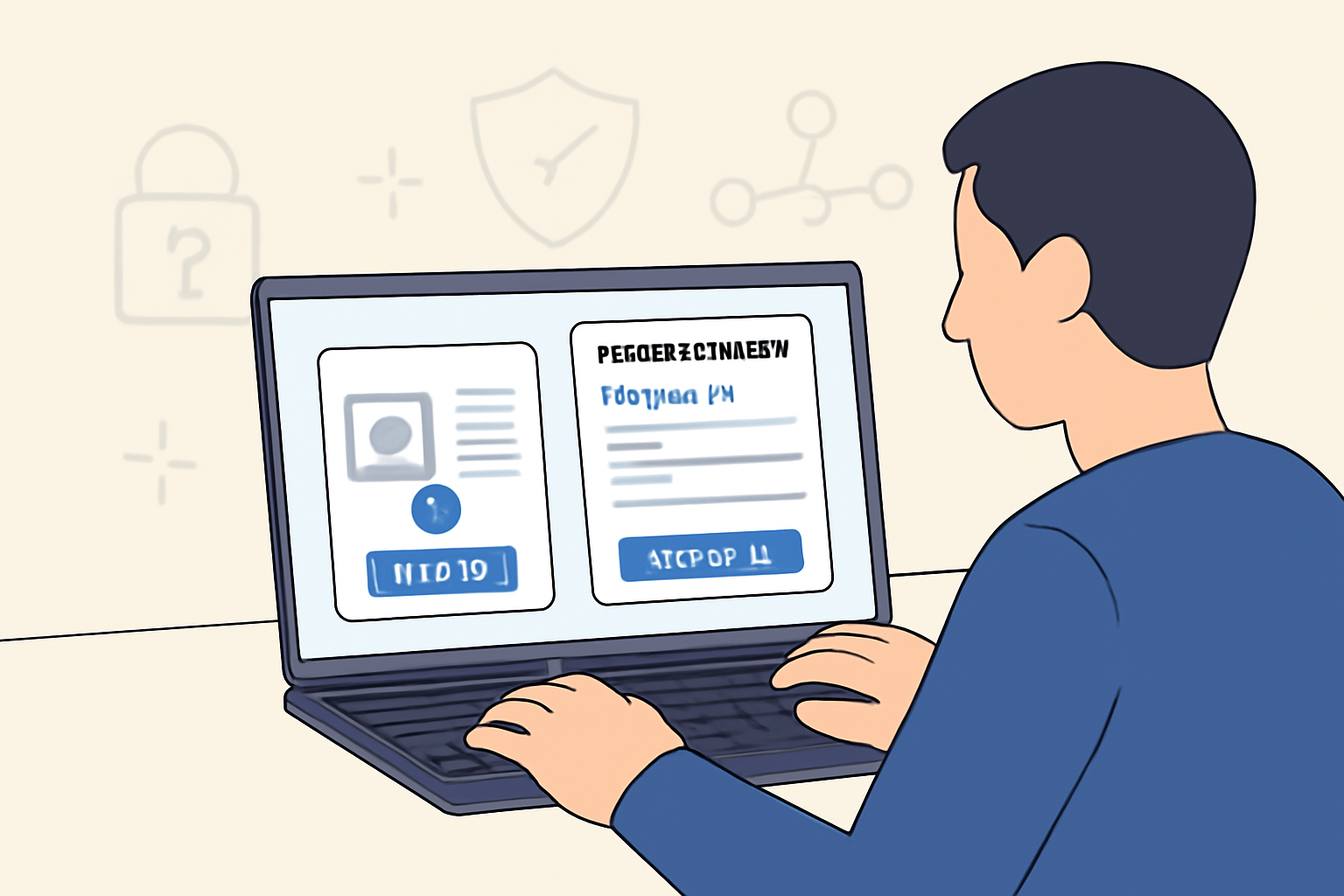 A person using a laptop to upload an ID document and fill out a registration form for a crypto card, with digital security icons in the background.