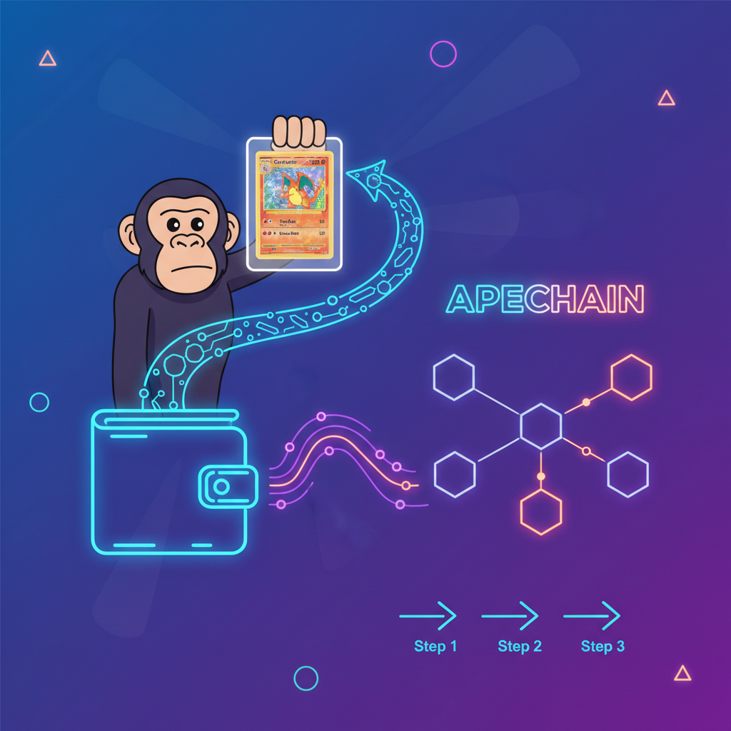 crypto wallet connecting to ApeChain blockchain, BAYC ape holding PSA Pokemon card slab, vibrant neon glow