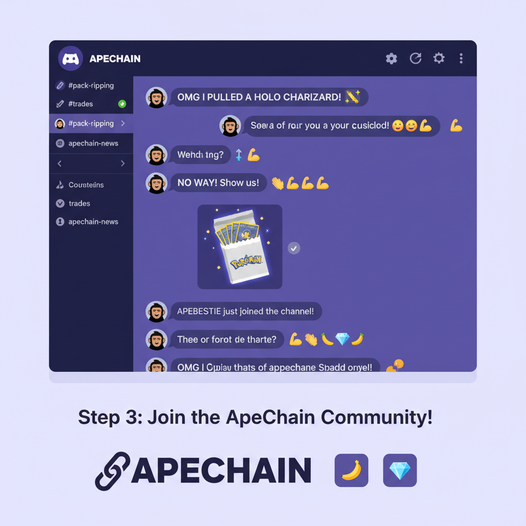 Discord chat with excited users ripping Pokemon card packs, ApeChain logos, community vibes