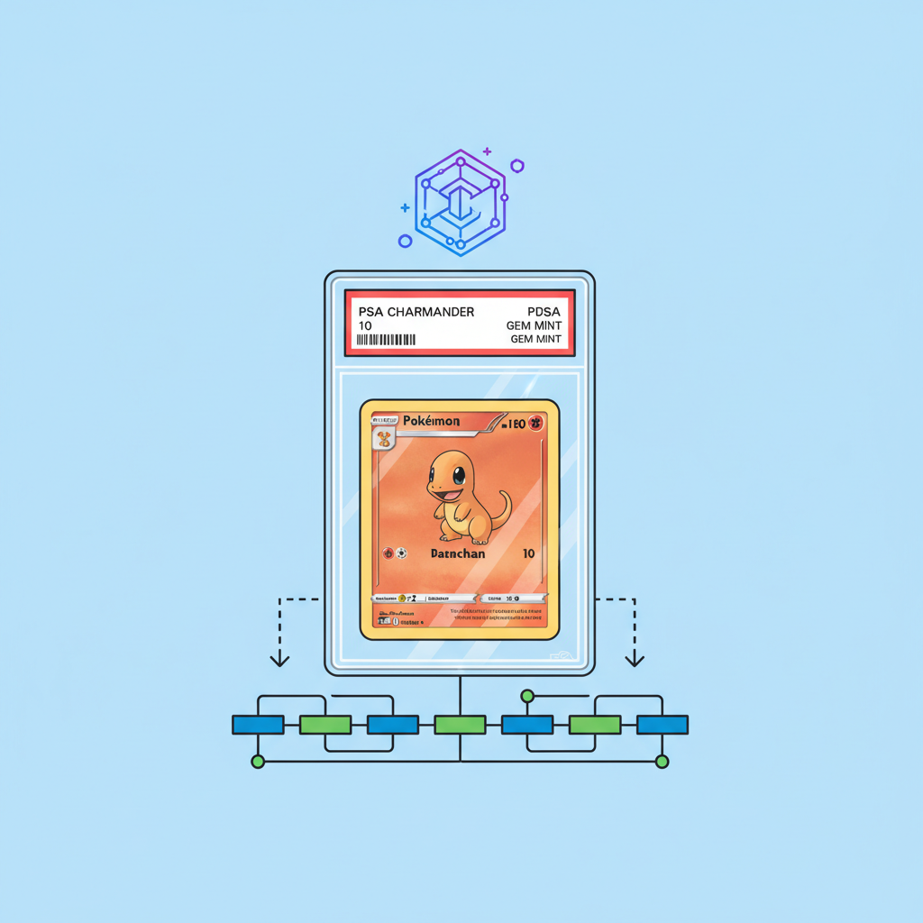 PSA graded Pokemon card being tokenized on blockchain, glowing digital token emerging from slab
