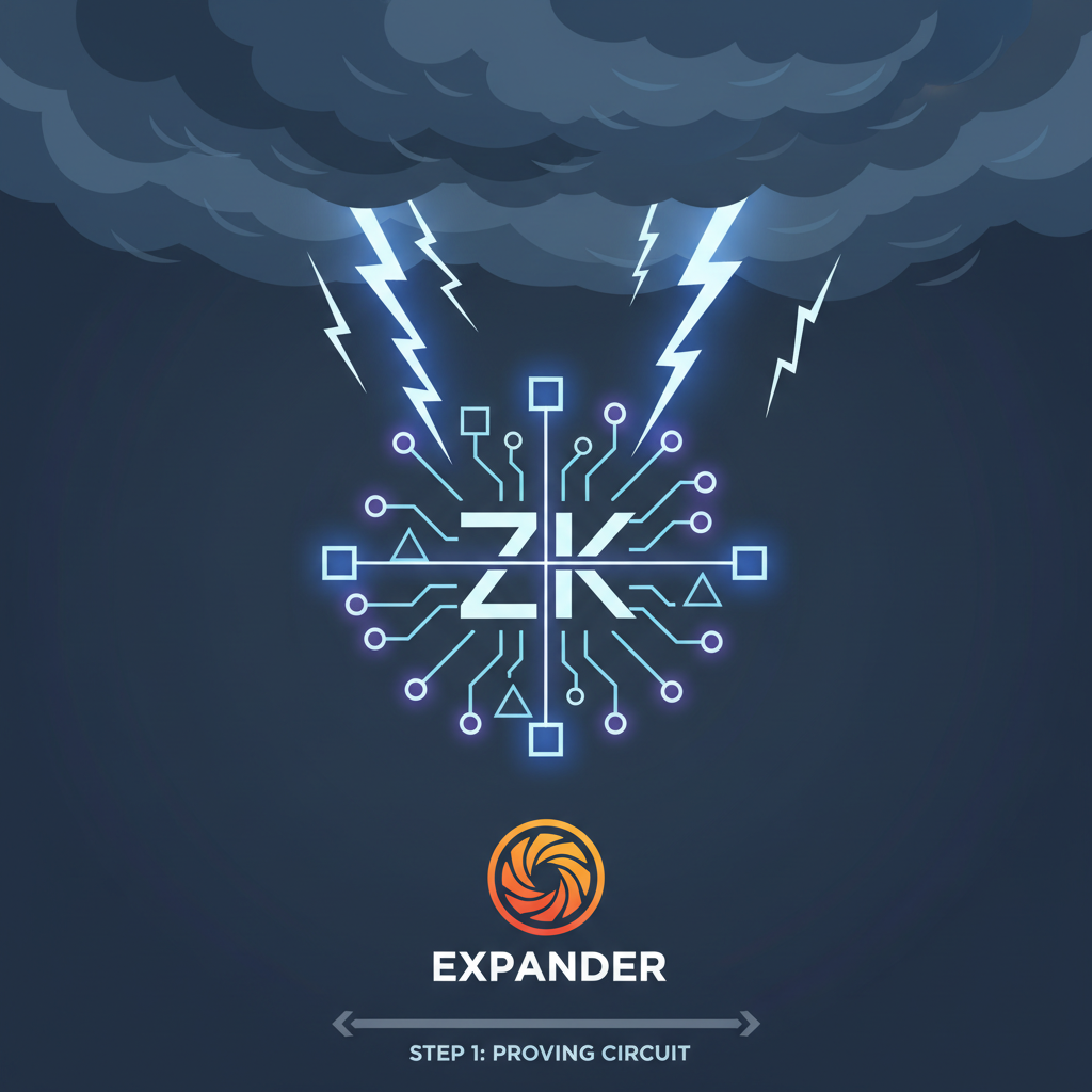 lightning storm proving zk circuit with Expander logo, dramatic clouds and bolts