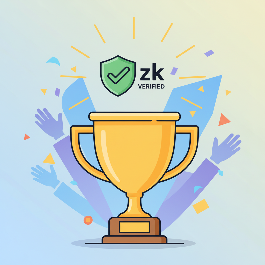 victory trophy with verified zk proof checkmark, golden glow, celebration scene