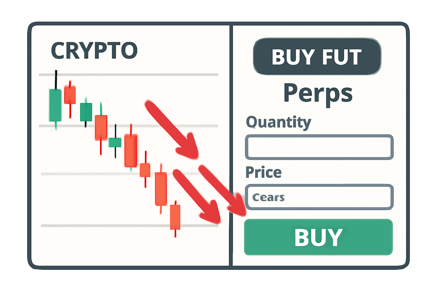 Crypto trading interface buying put options on perps, charts with red arrows down, green buy button