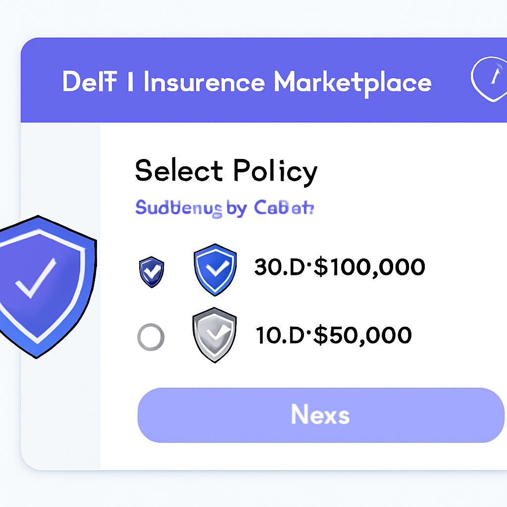 DeFi insurance marketplace UI, policy selection for stablecoin depeg, shield icons, secure vibe