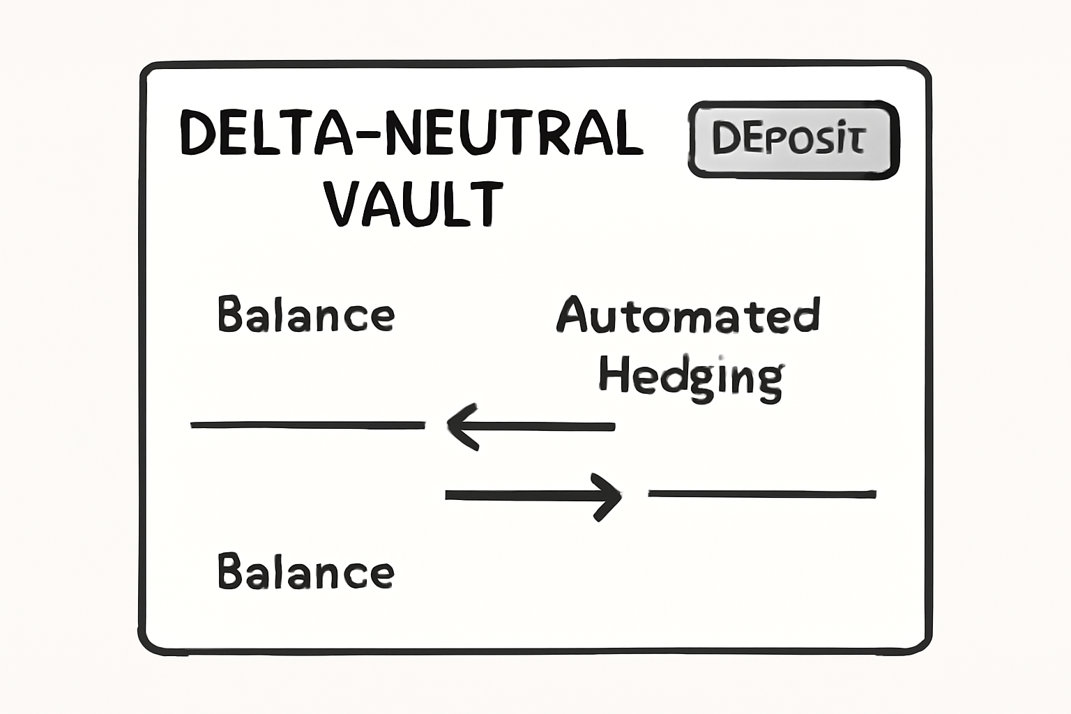 Delta-neutral vault deposit screen, balance graphs flatlining, automated hedging arrows