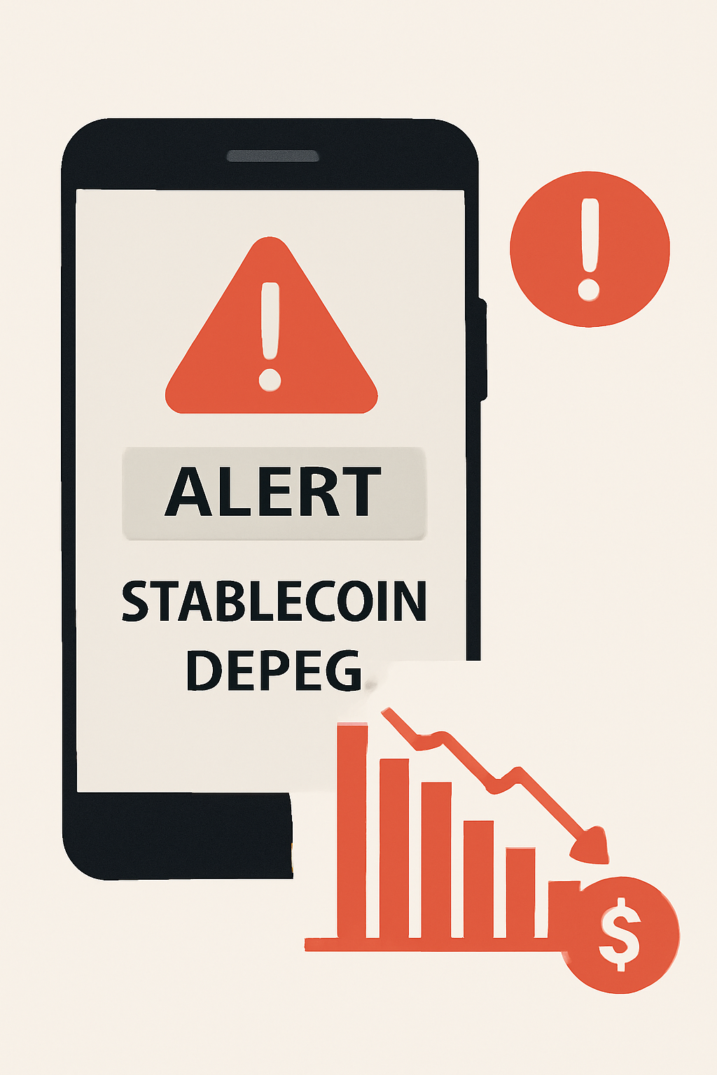 Alert notification on phone for stablecoin depeg, red warning icons, crypto price chart crashing