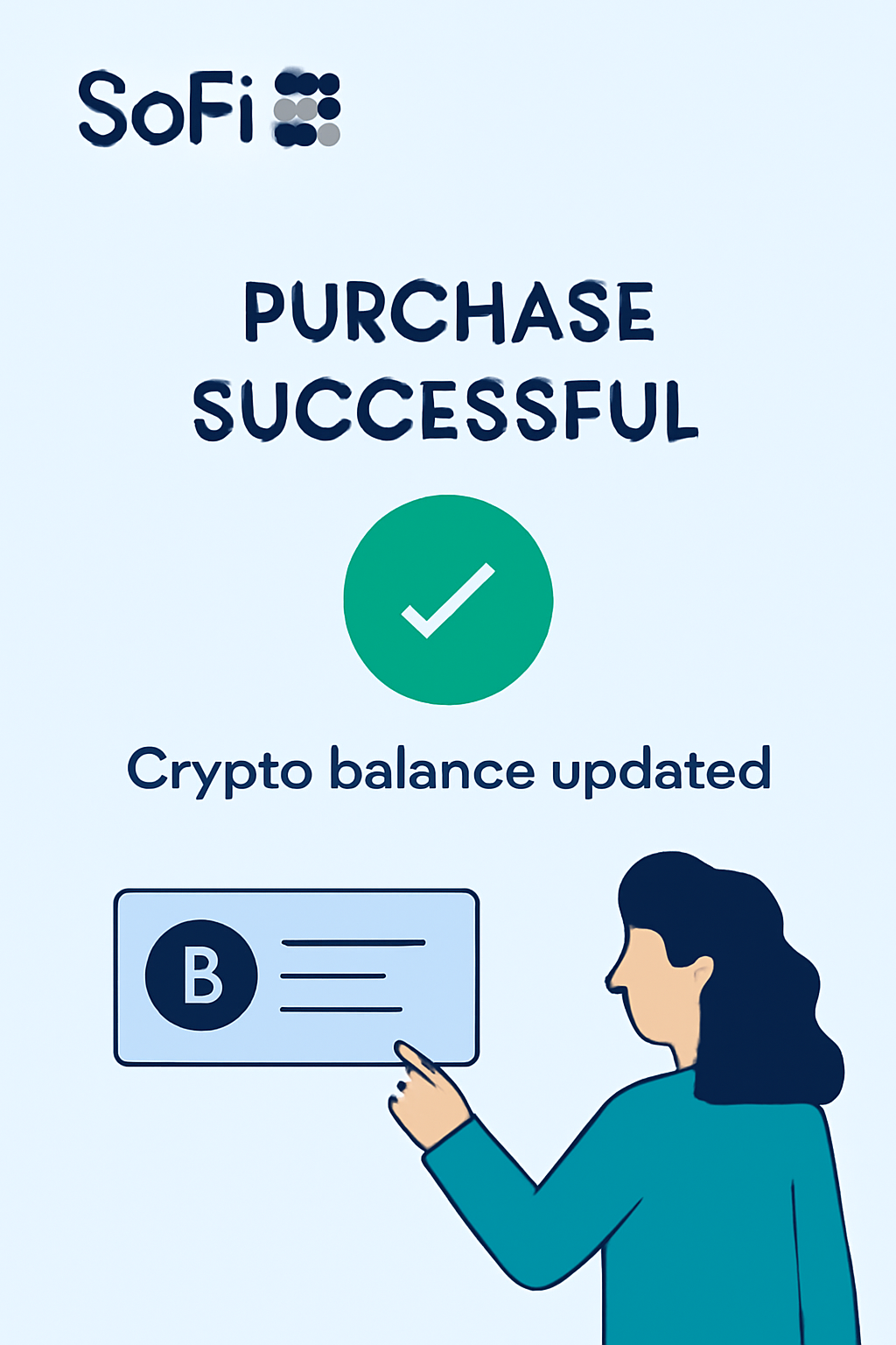 SoFi confirmation screen with purchase successful message, crypto balance updated, green checkmark