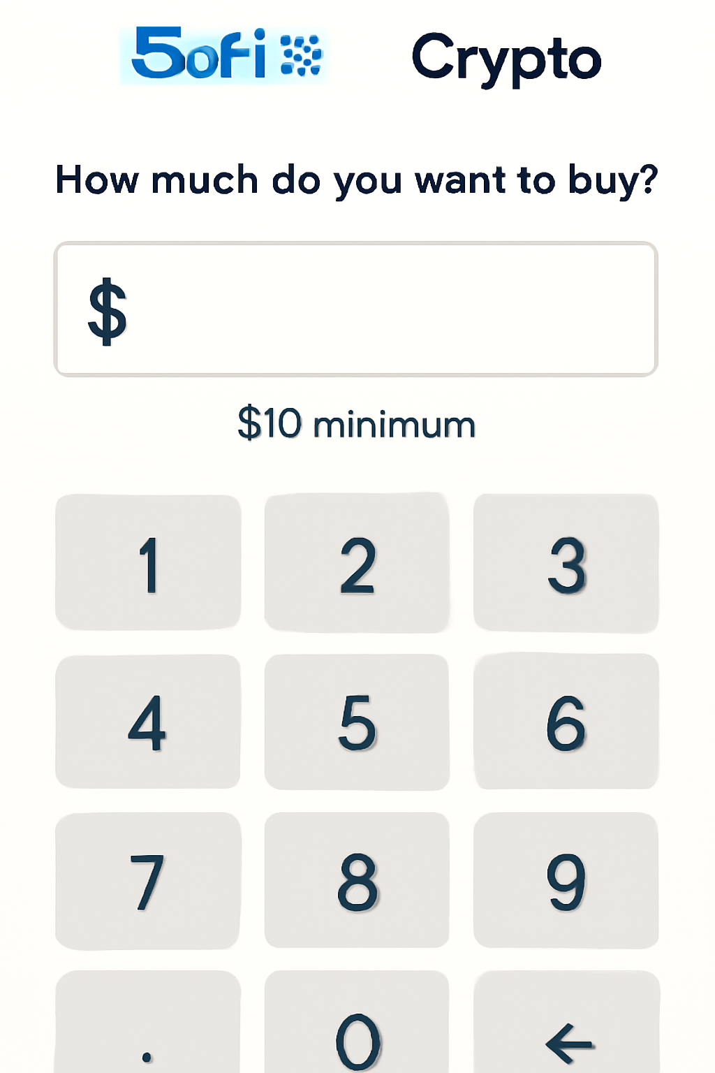 SoFi crypto buy screen with dollar amount input field showing $10 minimum, numeric keypad