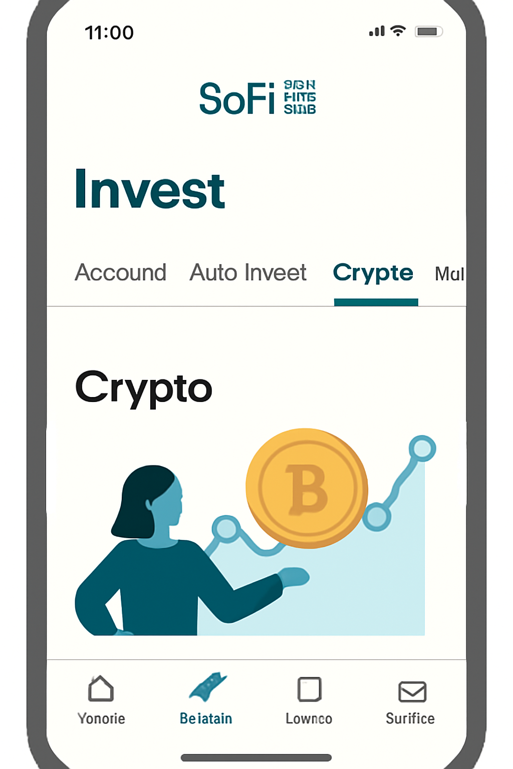 SoFi mobile app interface with Invest tab open and Crypto section highlighted, simple navigation menu