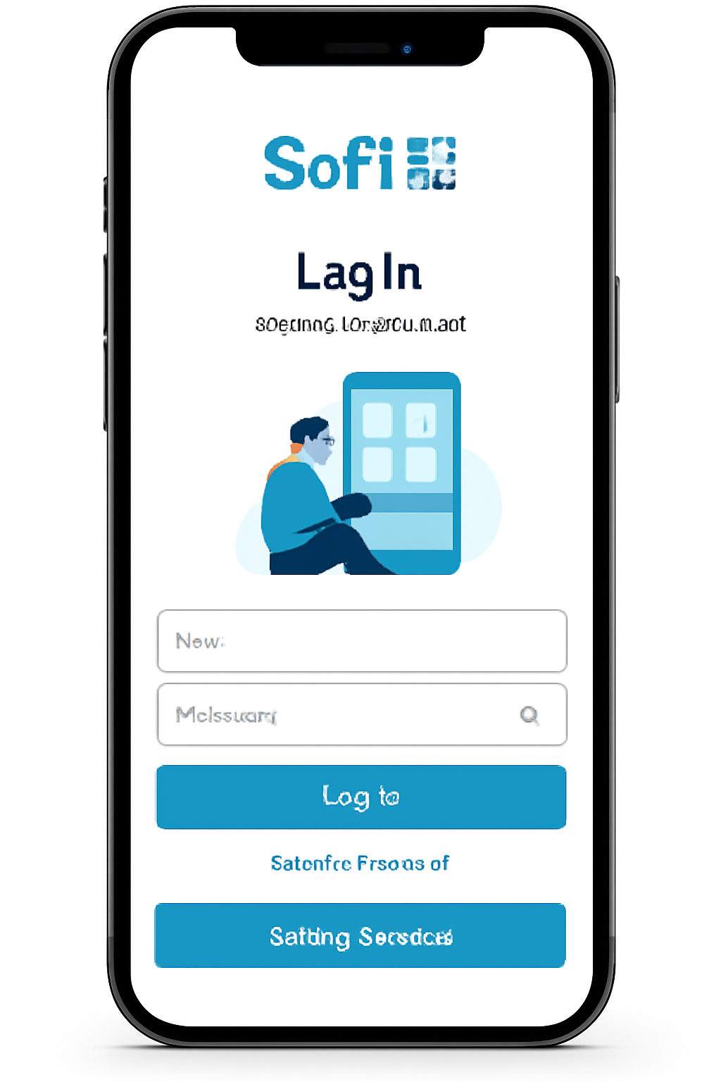 clean smartphone screen showing SoFi app login and account setup interface, modern banking app design, blue tones