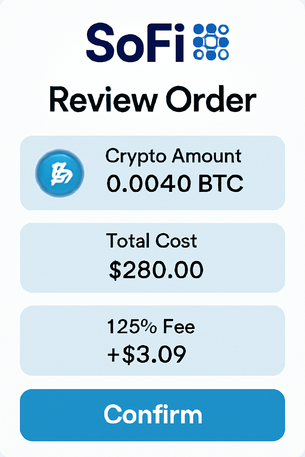 SoFi order review screen displaying crypto amount, total cost, 1.25% fee breakdown, confirm button
