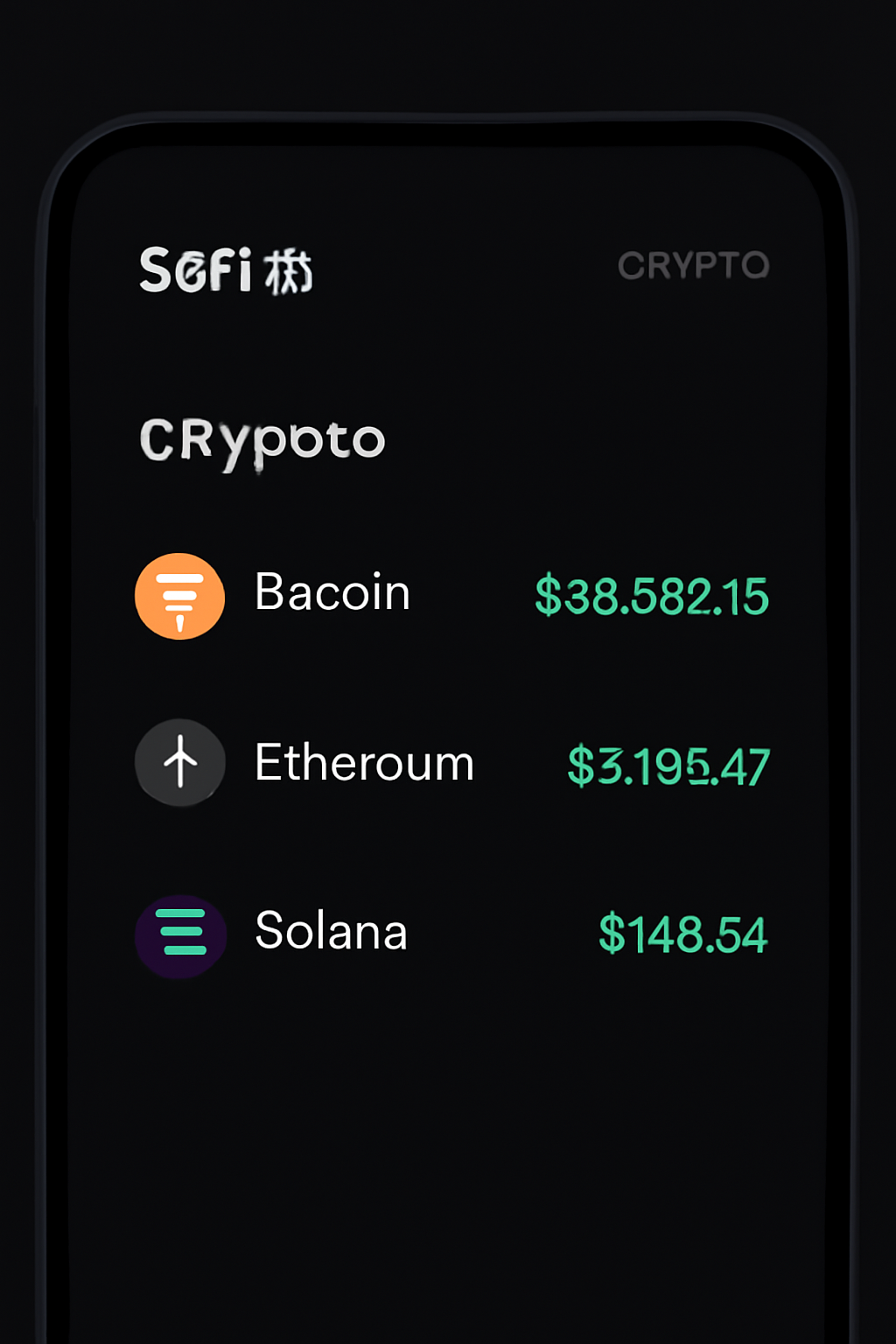 SoFi app crypto selection screen listing BTC ETH SOL with icons and prices, sleek dark mode UI